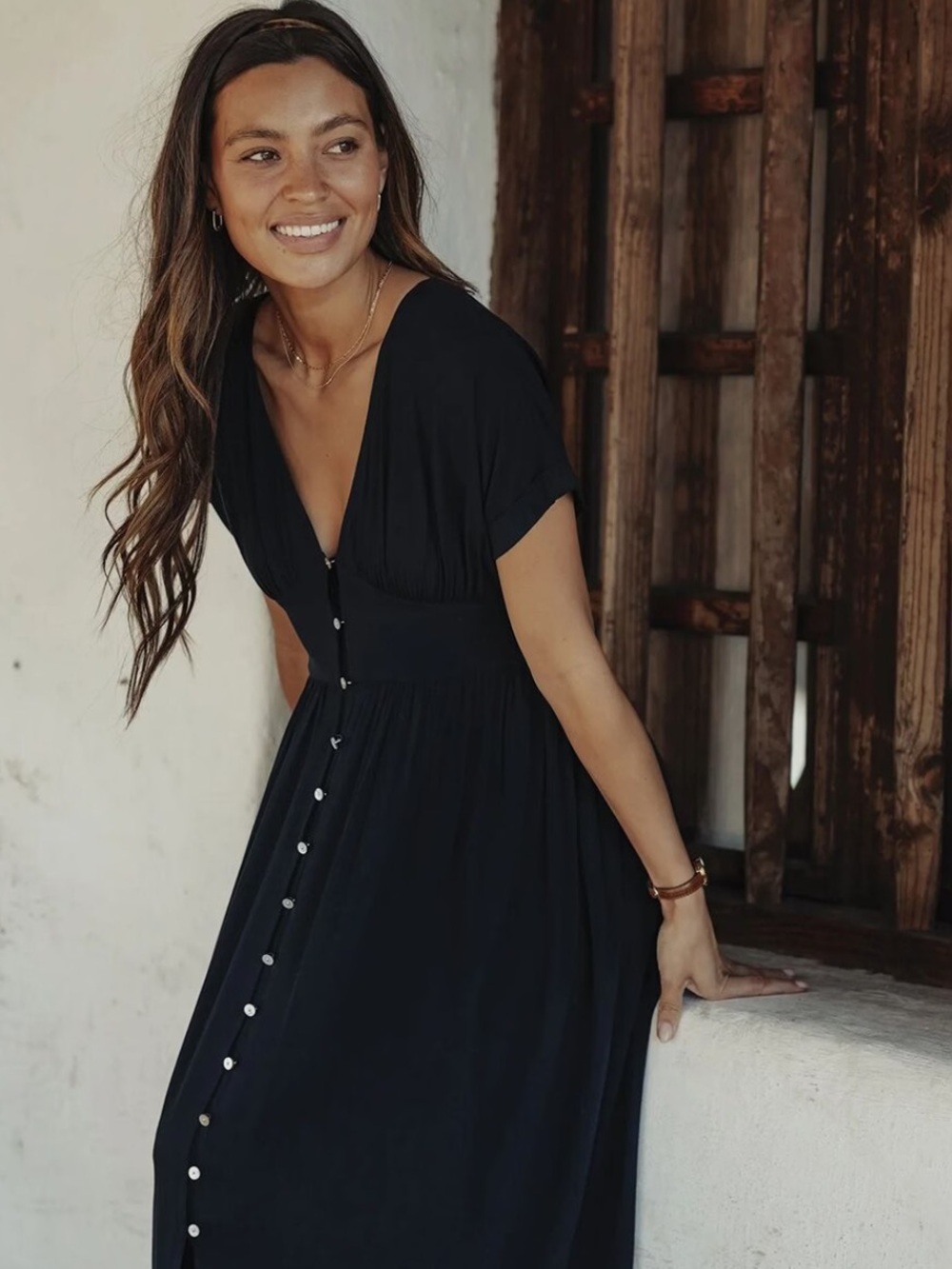 The Normal Brand Aria Crepe Midi Dress Black Shirred A-Line Small
